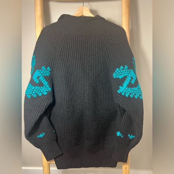 ESPRIT 80 Vintage 100% Wool knit Oversized Sweater Collared Black &Teal collar - Picture 2 of 11